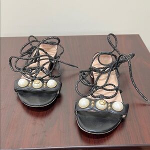 Gucci Black Lace-Up Sandals with Pearl Embellishments